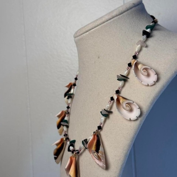 Handmade Shell Fringe Statement Necklace Gemstone Beaded Coastal Boho Beach - Picture 4 of 8